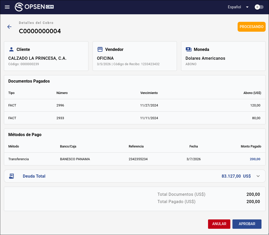 Confirmación del recibo de cobranza procesado e integrado en el ERP