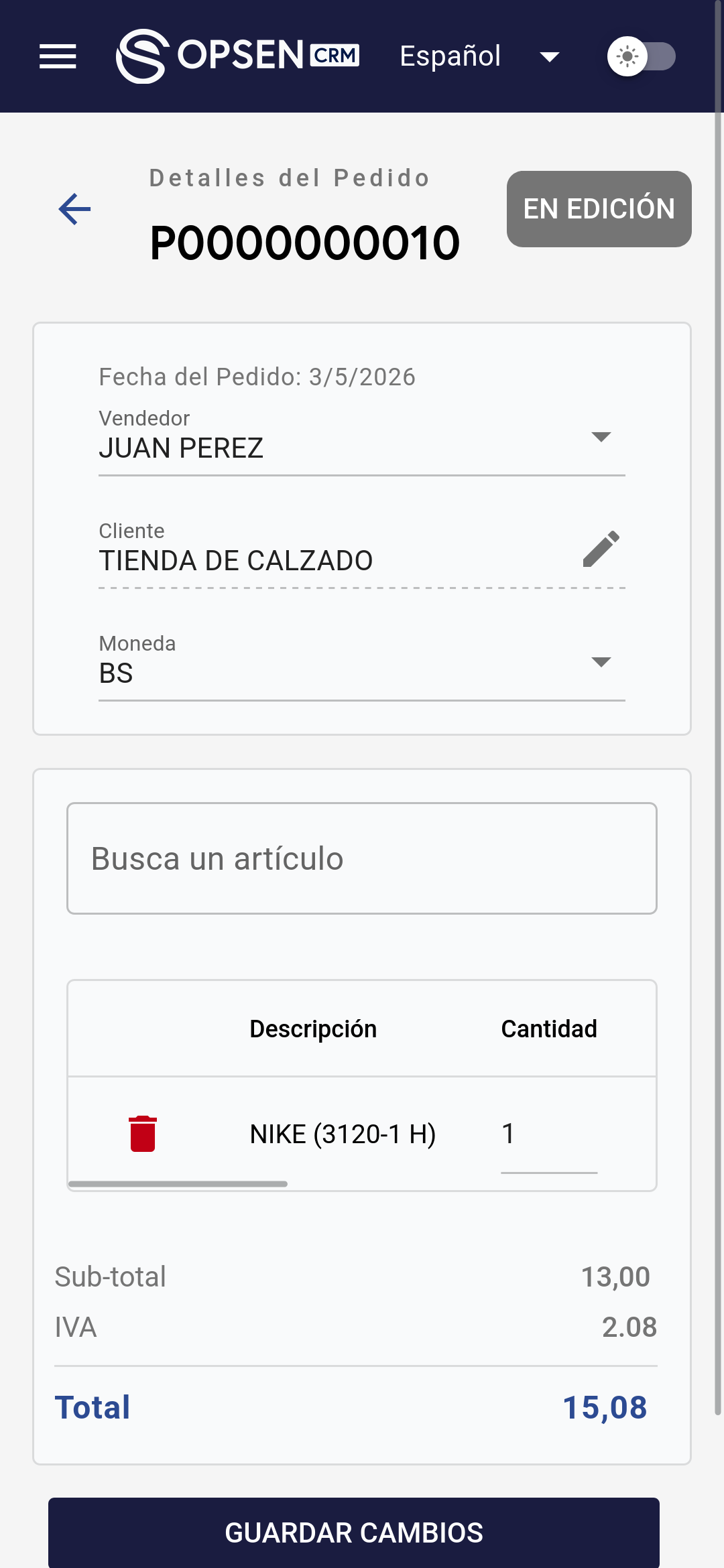 Interfaz avanzada para la gestión detallada de pedidos en Opsen