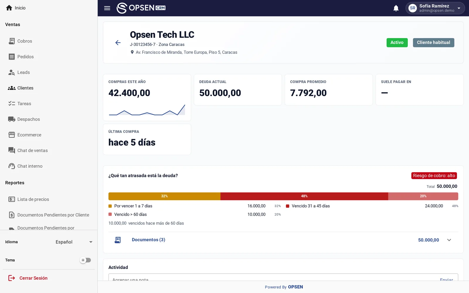 Resumen completo de un cliente con compras, deuda y tareas en Opsen CRM