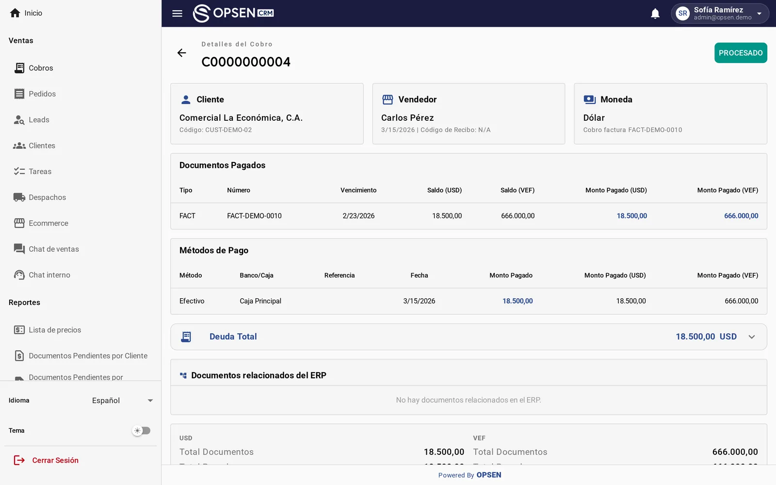 Pantalla de un cobro balanceado en bolívares y dólares en Opsen CRM