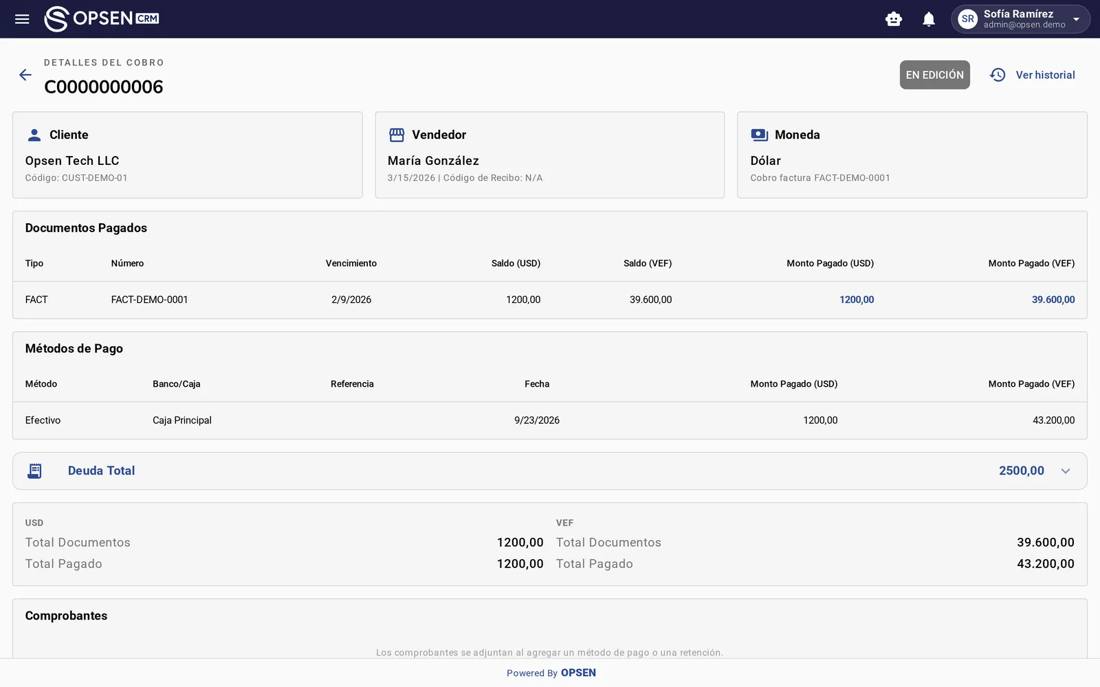 Cobro real de Opsen Tech LLC vinculado a la factura FACT-DEMO-0001
