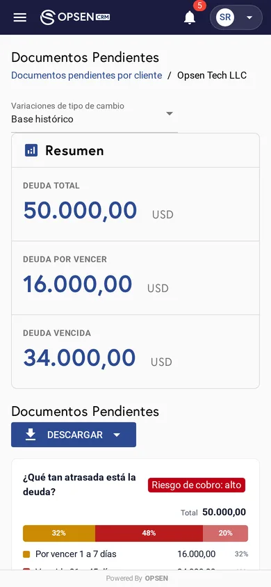 Deuda de un cliente en sus tres vistas en Opsen CRM desde el teléfono