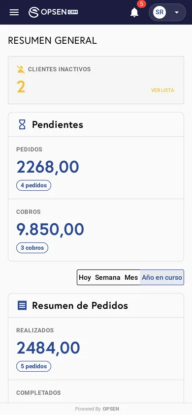 Inicio de Opsen CRM en un teléfono móvil